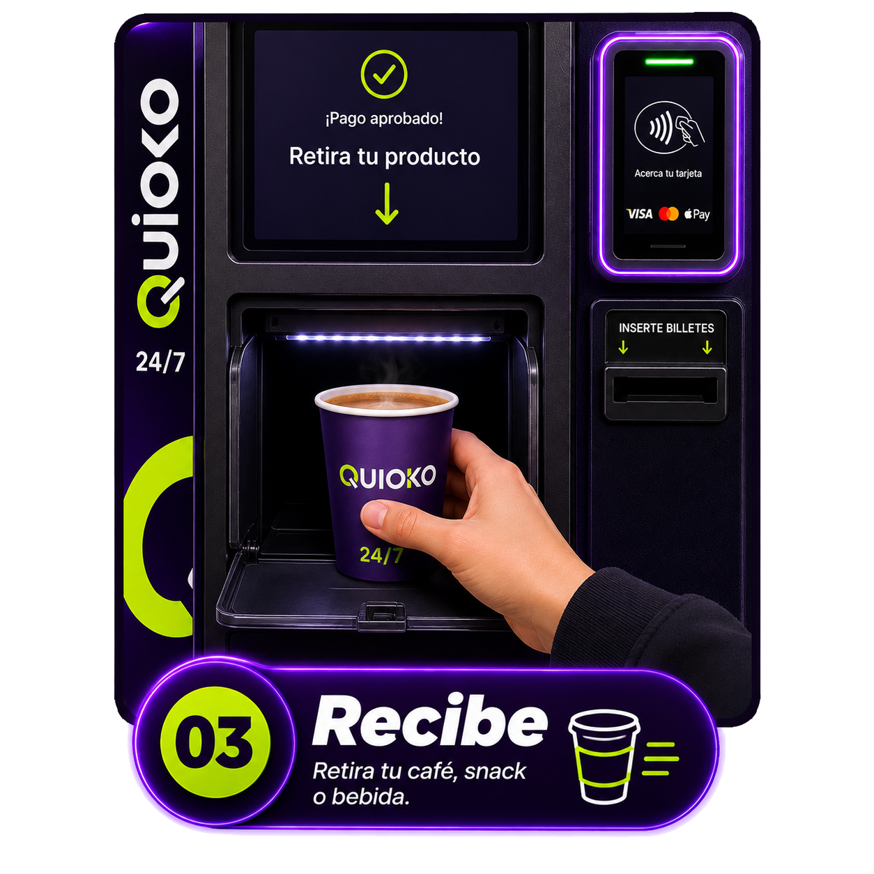 03. Recibe: Retira tu café, snack o bebida.